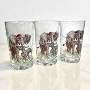 VTG Pasari Wildlife Safari Elephant with Baby Cocktail‎ Glasses Barware Set of 3